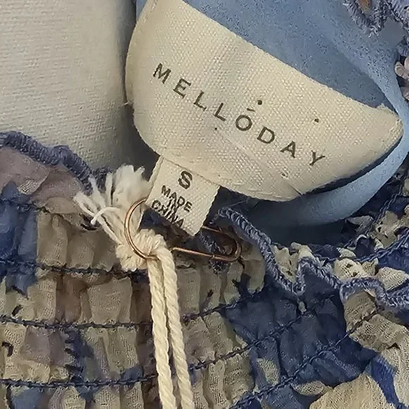 MELLODAY blue BLOUSE top FLORAL lined SMOCKED ruffles BLOUSE - Picture 11 of 12